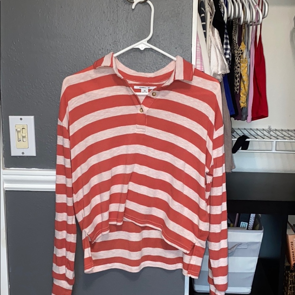 O’neill red and white striped long sleeve polo top